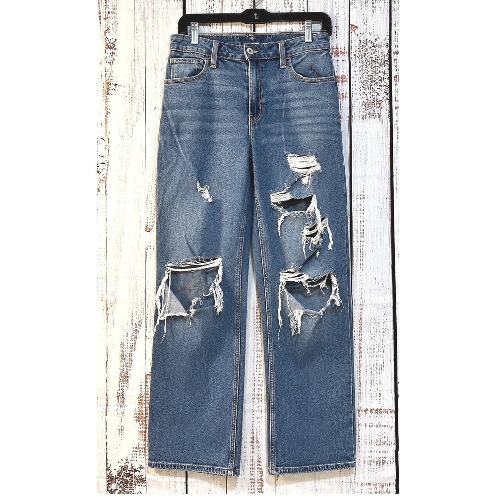 Hollister Ultra High-Rise Dad Jeans 4R W27 Blue Distressed Ripped Straight Leg